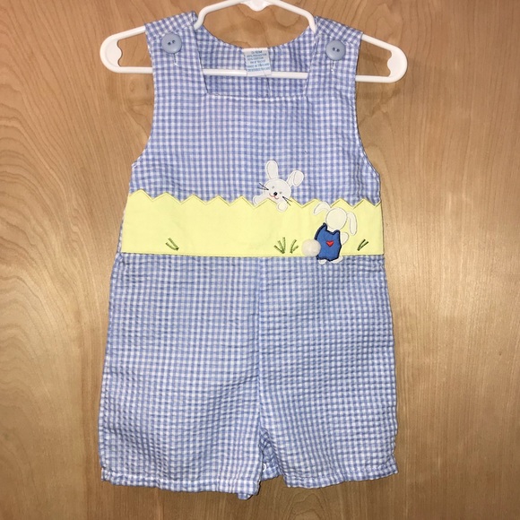 Blue Jon Jon Romper with Easter Bunnies Sz 3-6 mo